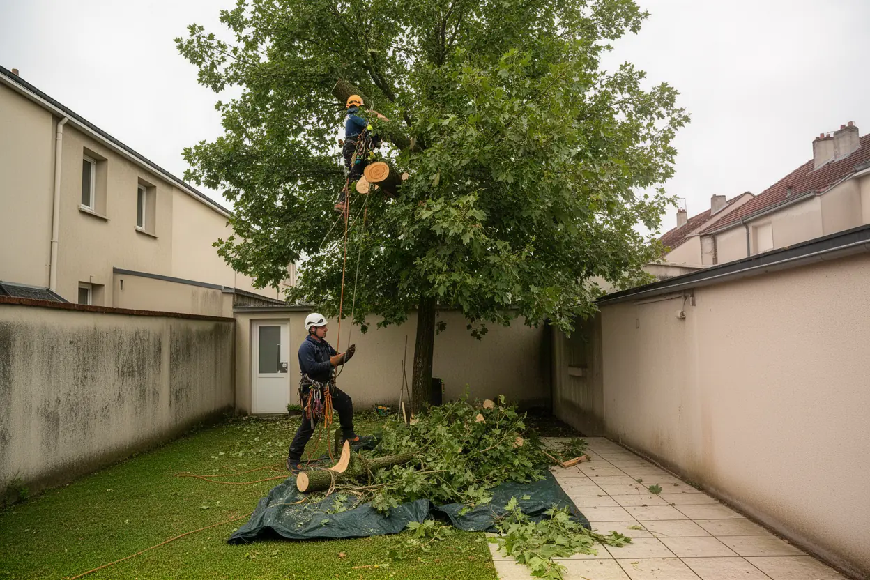 Élagueur démontant un arbre dangereux en sécurité à Orléans