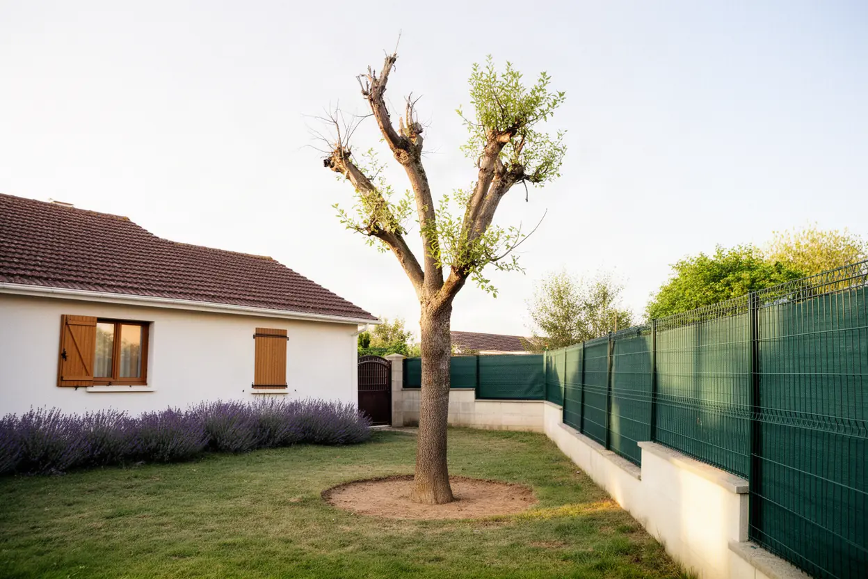 Arbre dépérissant près d'une clôture à Saint-Denis-en-Val