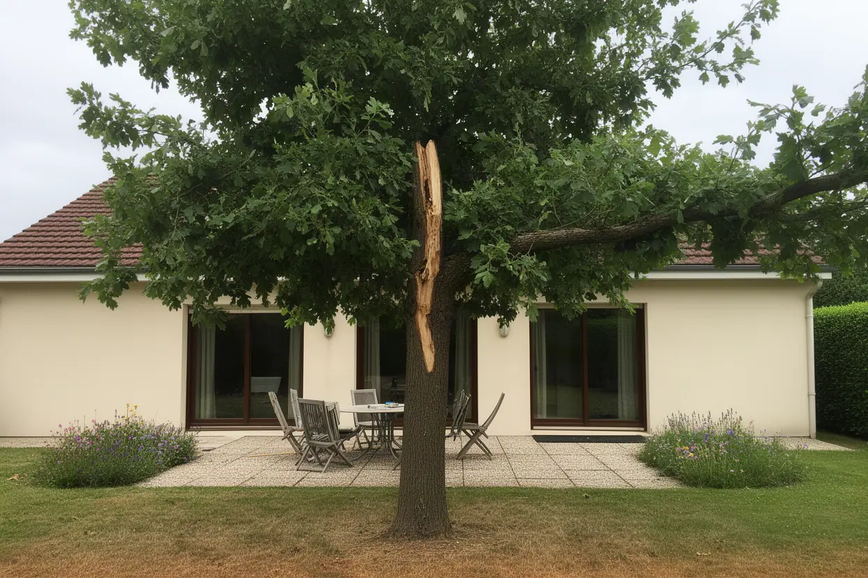 Branche fissurée au-dessus d'une terrasse à Saint-Jean-de-Braye