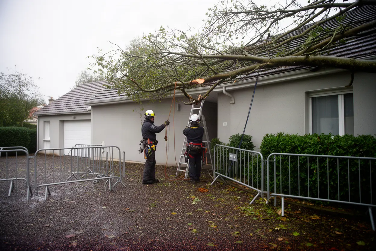 Élagueur sécurisant une branche après tempête à Orléans