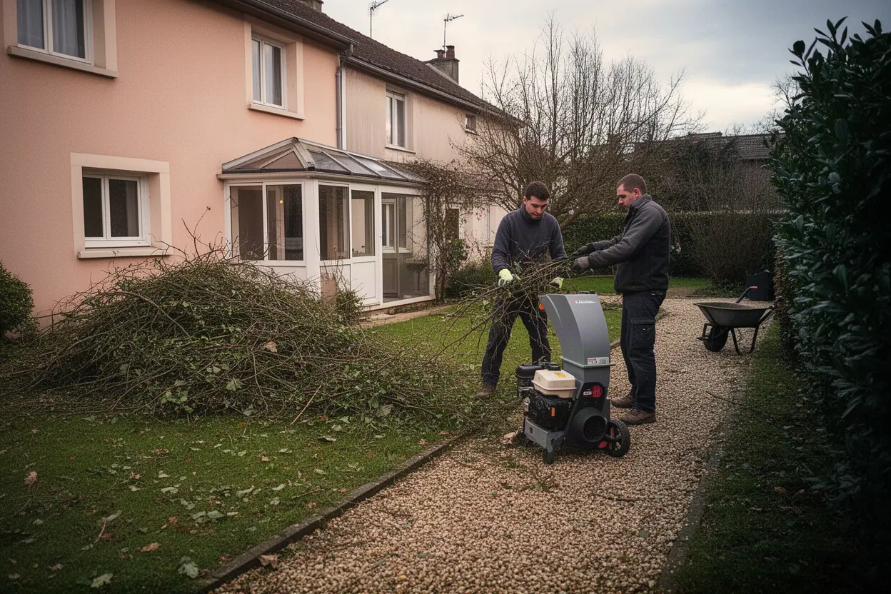 Équipe broyant des branches après élagage dans un jardin à Olivet